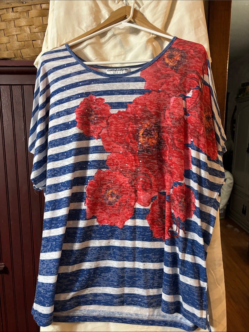 Cathy Daniels Navy and White Striped Tee with Red Floral Accent